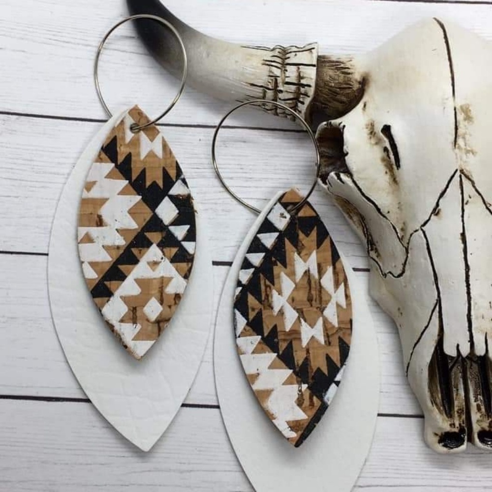 Vegan Leather & Cork Double Stack Earrings-Aztec